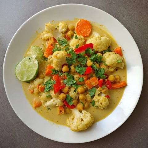 Steaming curried cauliflower and chickpea coconut stew, garnished with fresh cilantro and lime wedges.