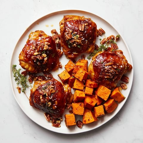 Golden, glistening maple glazed chicken alongside tender, caramelized sweet potatoes, perfect for a hearty dinner.