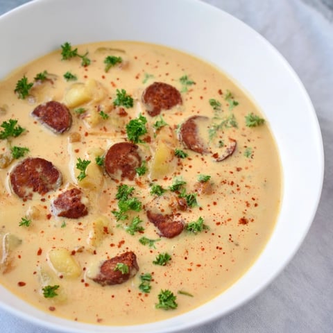Creamy Chorizo Potato Soup brimming with chunks of potato and spicy chorizo, ready to be served.