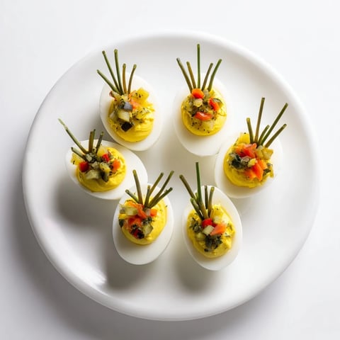 Festive deviled egg ornaments, bright and colorful, perfect for a holiday appetizer spread.