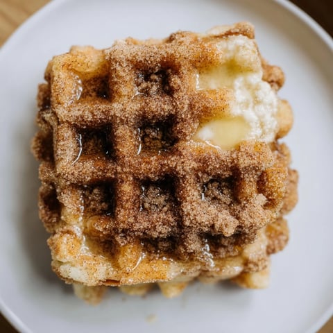 Golden brown Express Cinnamon Sugar Churro Waffles, coated with sweet cinnamon sugar, ready to eat.