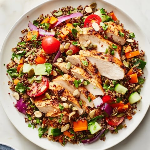 A colorful bowl displays the delicious Crunchy Quinoa Chicken Salad with vibrant veggies and almonds.
