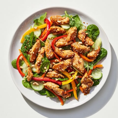 High-Protein Chicken Stir-Fry Salad Bowl with colorful vegetables, perfect for a healthy dinner.