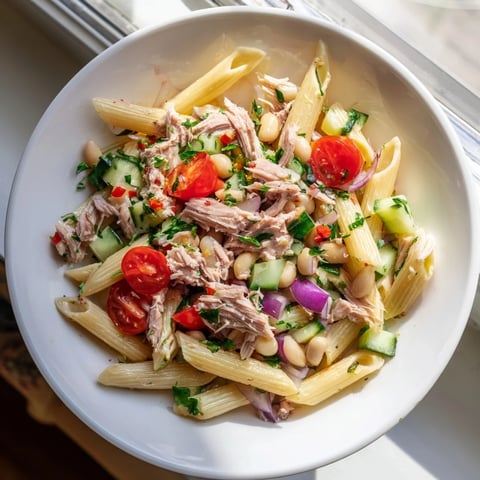 A colorful bowl of Spicy Tuna and White Bean Pasta Salad, perfect for summer picnics.