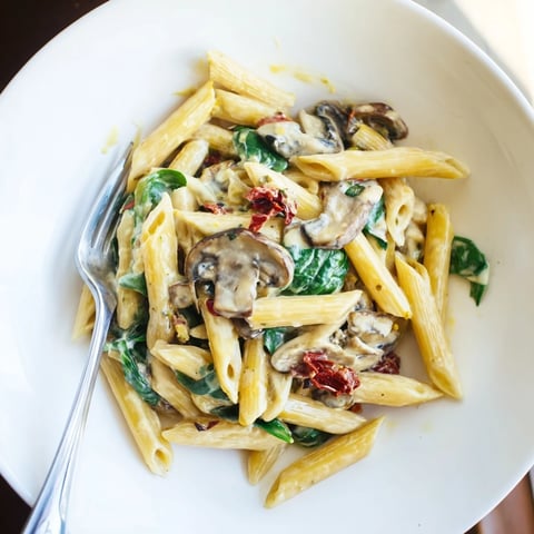 A close-up of creamy sun-dried tomato mushroom penne skillet, with fresh basil garnish on top.