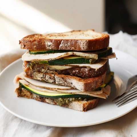 Golden, grilled Pesto Turkey Zucchini Grilled Cheese Stacks with melted cheese and toasted bread.