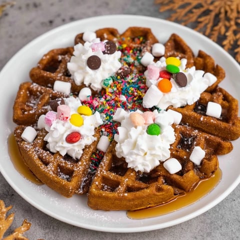 Golden, crispy Gingerbread House Waffles adorned with colorful candies and fresh strawberries, ready to eat.