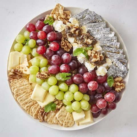 Sparkling grapes and silver crackers appetizer platter—a beautiful arrangement for festive celebrations.