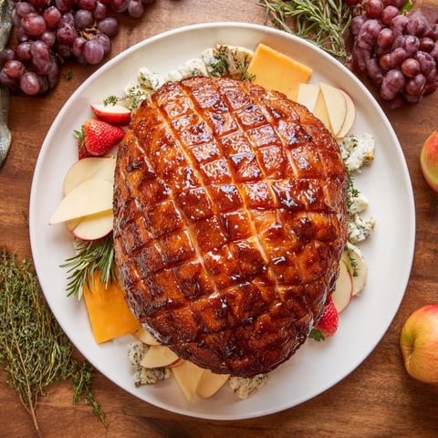 A beautifully arranged Glazed Ham centerpiece board, showcasing a glistening ham surrounded by vibrant fruits and cheeses.
