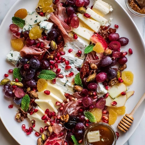 Pomegranate Jewel Cascade cheese board, featuring creamy goat cheese and glistening red pomegranate seeds elegantly arranged.