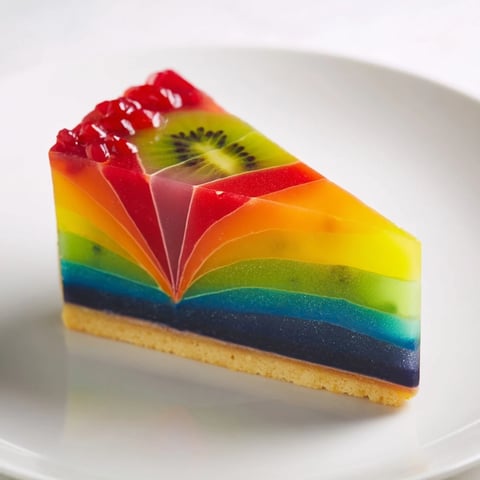 The colorful, layered Kaleidoscope dessert, ready to slice and reveal vibrant flavors, is visually stunning.