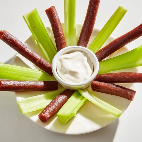 Appetizing Rustic Wheel platter featuring crisp celery and savory meat sticks ready to eat with dipping sauces.