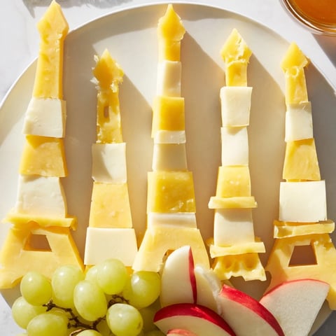 Colorful Skyline Silhouette cheese platter, ready to serve with fruit, crackers, and honey.