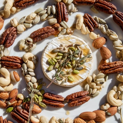 Visually stunning The Labyrinth appetizer with a path of nuts leading to creamy cheese.