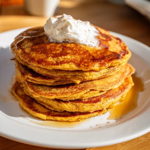 Golden, fluffy pumpkin spice pancakes piled high, ready to be drizzled with warm maple syrup.