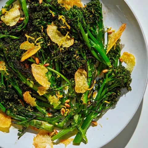 Fresh, flavorful close-up of a Charred Broccolini Salad, showing perfectly air-fried vegetables and Parmesan.