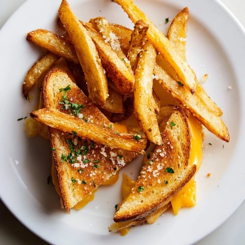 Golden-brown Beef Tallow French Fries Grilled Cheese, oozing melted cheese, a classic American comfort food meal.