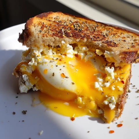 Golden-brown feta fried eggs perfectly nestled in a grilled cheese sandwich, a delicious meal.