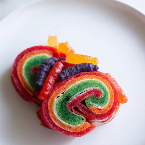 Vibrant Rainbow Candy Roll Ups: Chewy, colorful pinwheels filled with gummy candies, perfect party snacks.