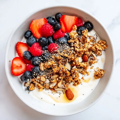 Creamy dry yogurt bowl with fresh berries, a sprinkle of granola, and protein powder for a filling start.
