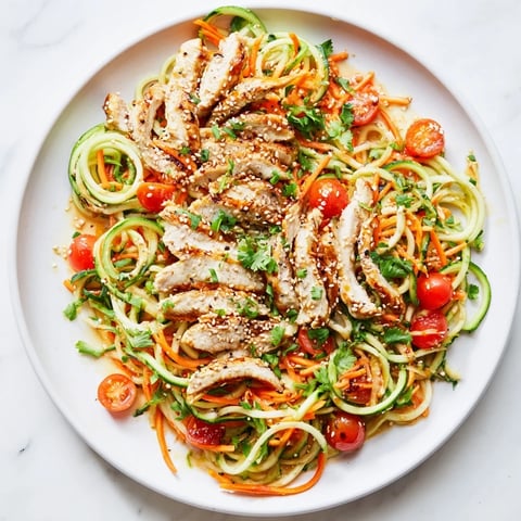 Grilled chicken and cucumber salad drizzled with sesame dressing; a fresh and healthy dish.