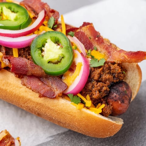 Mexican Hot Dogs with crispy bacon and melted cheese, perfect for a backyard cookout.
