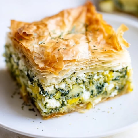 Golden brown Greek Spanakopita, with flaky layers, ready to be cut and served warm.