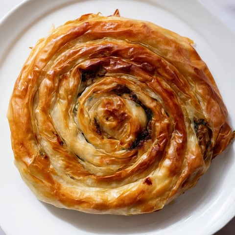 Golden brown Bosnian Burek pastry spirals, filled with savory beef and spinach, ready to serve.