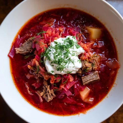 Steaming Ukrainian borscht soup, a hearty bowl of rich red broth with beef and vegetables.