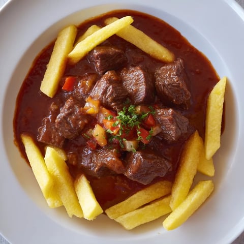 Tender chunks of beef in rich paprika sauce and crispy potato strips: Czech Goulash delight.