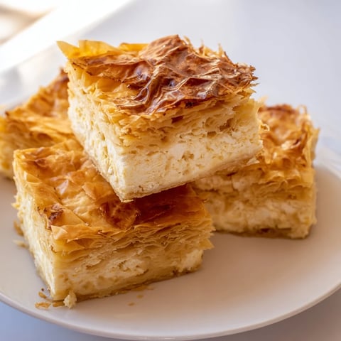 Golden, flaky layers of Serbian Gibanica, a savory cheese pie with a bubbly, cheese filling.
