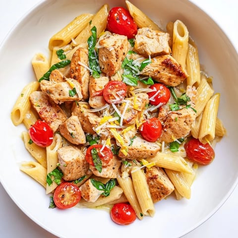 One-Pan Lemon Herb Pasta Chicken with glistening pasta, chicken and tomatoes ready to serve.