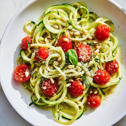 Steaming zucchini noodle variations, with bright red tomato sauce and fresh basil, ready to eat.