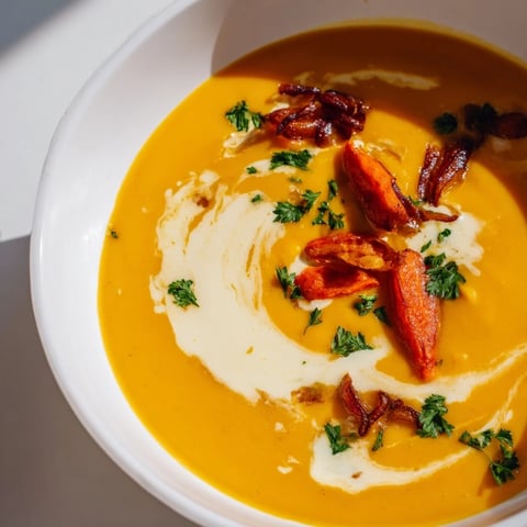 Creamy carrot soup with a swirl of cream, garnished with fresh herbs, ready to serve.