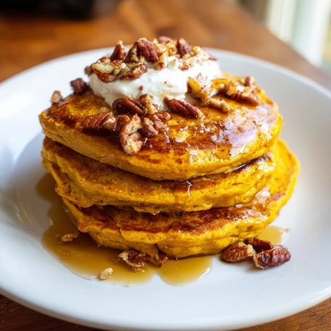 Fluffy golden Pumpkin Spice Pancakes drizzled with maple syrup, perfect for a warming autumn breakfast.