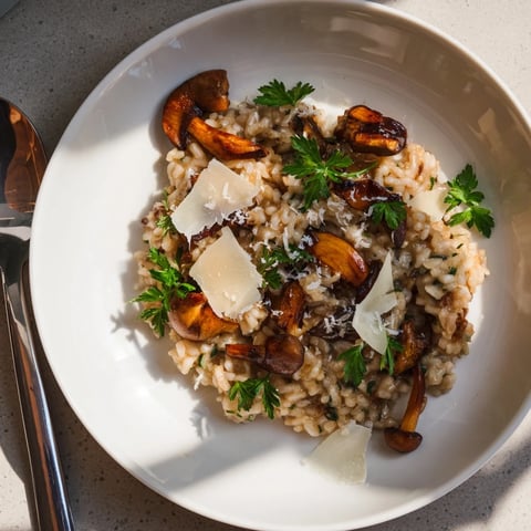 Golden roasted mushrooms and creamy Parmesan risotto in a white bowl, garnished with fresh thyme and parsley for a rustic Italian dinner.