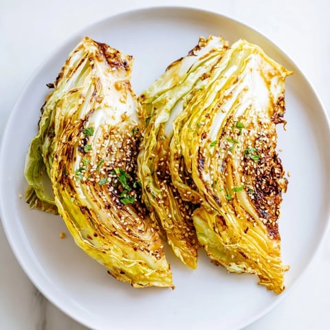 Golden-brown roasted cabbage wedges on a baking sheet, drizzled with creamy tahini sauce and sprinkled with toasted sesame seeds.