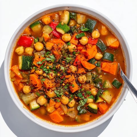 Steaming bowl of Spicy Chickpea Stew served hot with fresh cilantro and a lemon wedge on top.