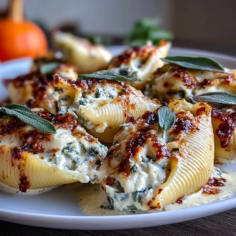 Golden, bubbly Pumpkin & Gouda Stuffed Shells bake in a rich brown butter sage Alfredo sauce.