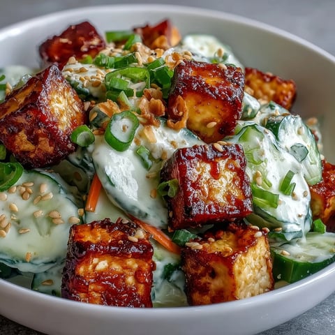 Creamy Asian Cucumber Salad with Crispy Tofu served fresh and tossed with sesame seeds.
