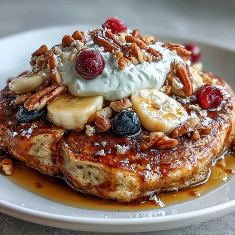 A warm, golden Protein Pancake Bowl filled with creamy Greek yogurt, fresh berries, and sliced bananas.