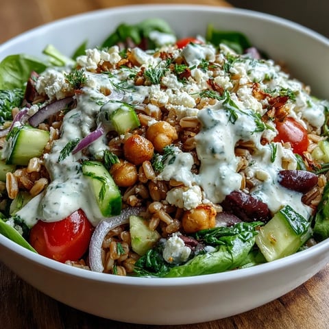 A vibrant Mediterranean Farro Bowl with chickpeas, feta, and fresh parsley on a rustic table.