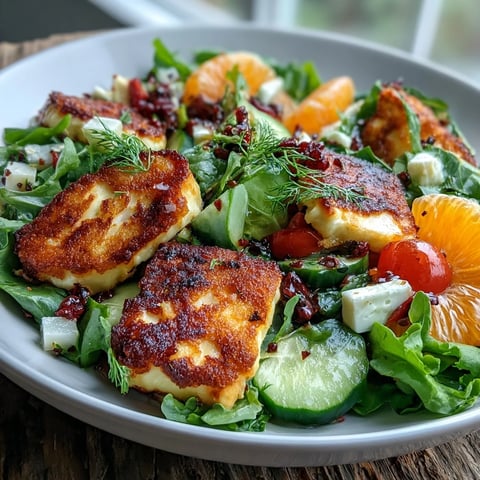 Crispy golden-fried halloumi and juicy blood orange segments top a vibrant Middle Eastern fattoush salad with fresh greens.  