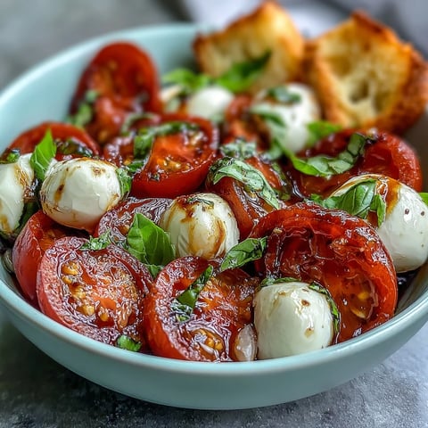 A vibrant Caprese Salad Bowl with ripe tomatoes, fresh mozzarella, and basil, topped with crispy bread chunks.