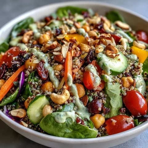 A vibrant Rainbow Salad Bowl filled with quinoa, chickpeas, fresh veggies, and crunchy nuts on a white plate.  
