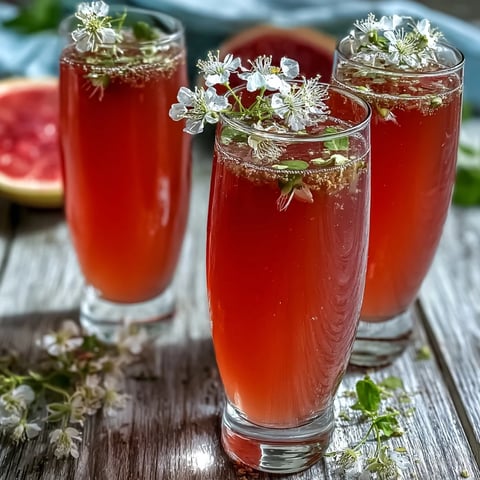 Elderflower Guava Mimosa in a champagne flute garnished with edible flowers for a fragrant brunch cocktail.
