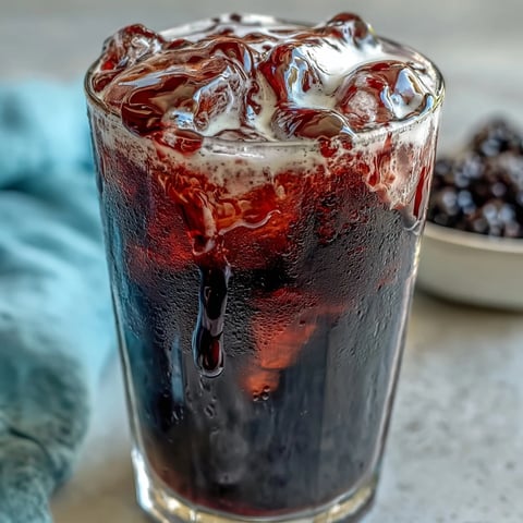 Midnight Malibu Dirty Soda swirled with blackberry syrup over ice in a tall glass, topped with creamy coconut float.