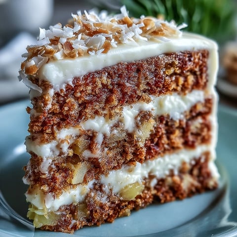 A slice of Christmas Hawaiian Carrot Pineapple Cake showcases moist crumb and cream cheese frosting with toasted coconut.