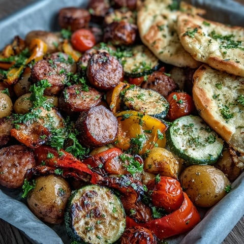 Smoky Sheet Pan Sausage & Veggies with Naan: golden roasted vegetables and sausage on a sheet pan, with garlic naan nearby.
