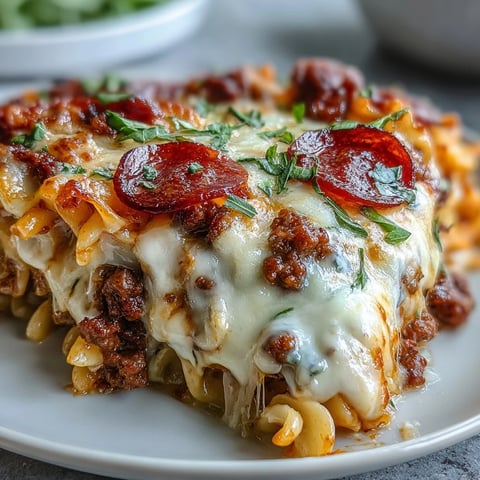 Golden, bubbling High-Protein Pizza Pasta Bake fresh from the oven, topped with crispy pepperoni slices.